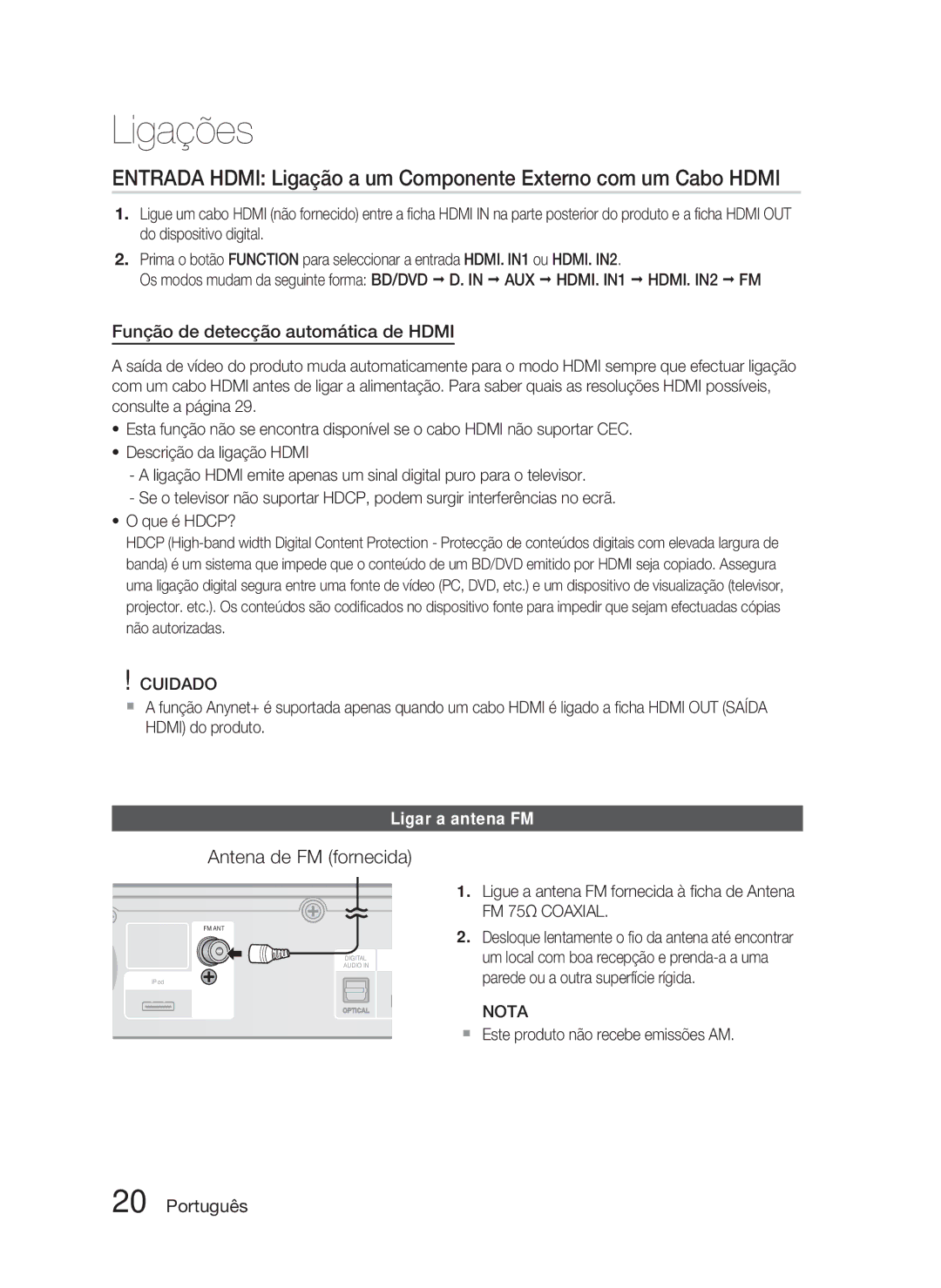 Samsung HT-C5800/XEF manual Antena de FM fornecida, Função de detecção automática de Hdmi, Ligar a antena FM 