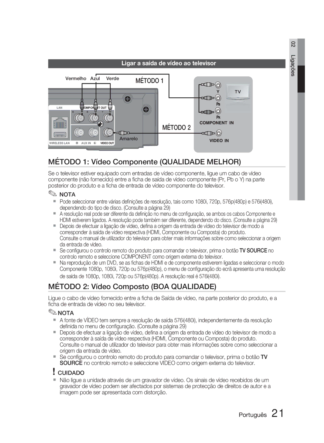 Samsung HT-C5800/XEF manual Método 1 Vídeo Componente Qualidade Melhor, Método 2 Vídeo Composto BOA Qualidade, Amarelo 