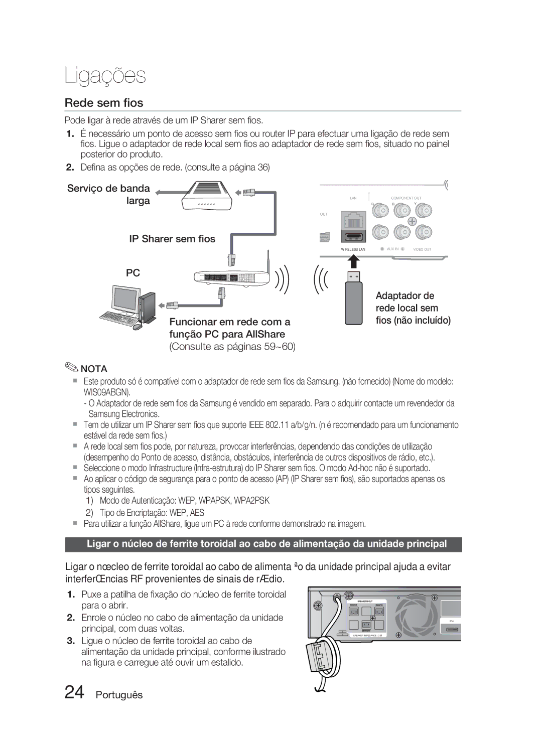 Samsung HT-C5800/XEF manual Rede sem ﬁos, Serviço de banda larga IP Sharer sem ﬁos 