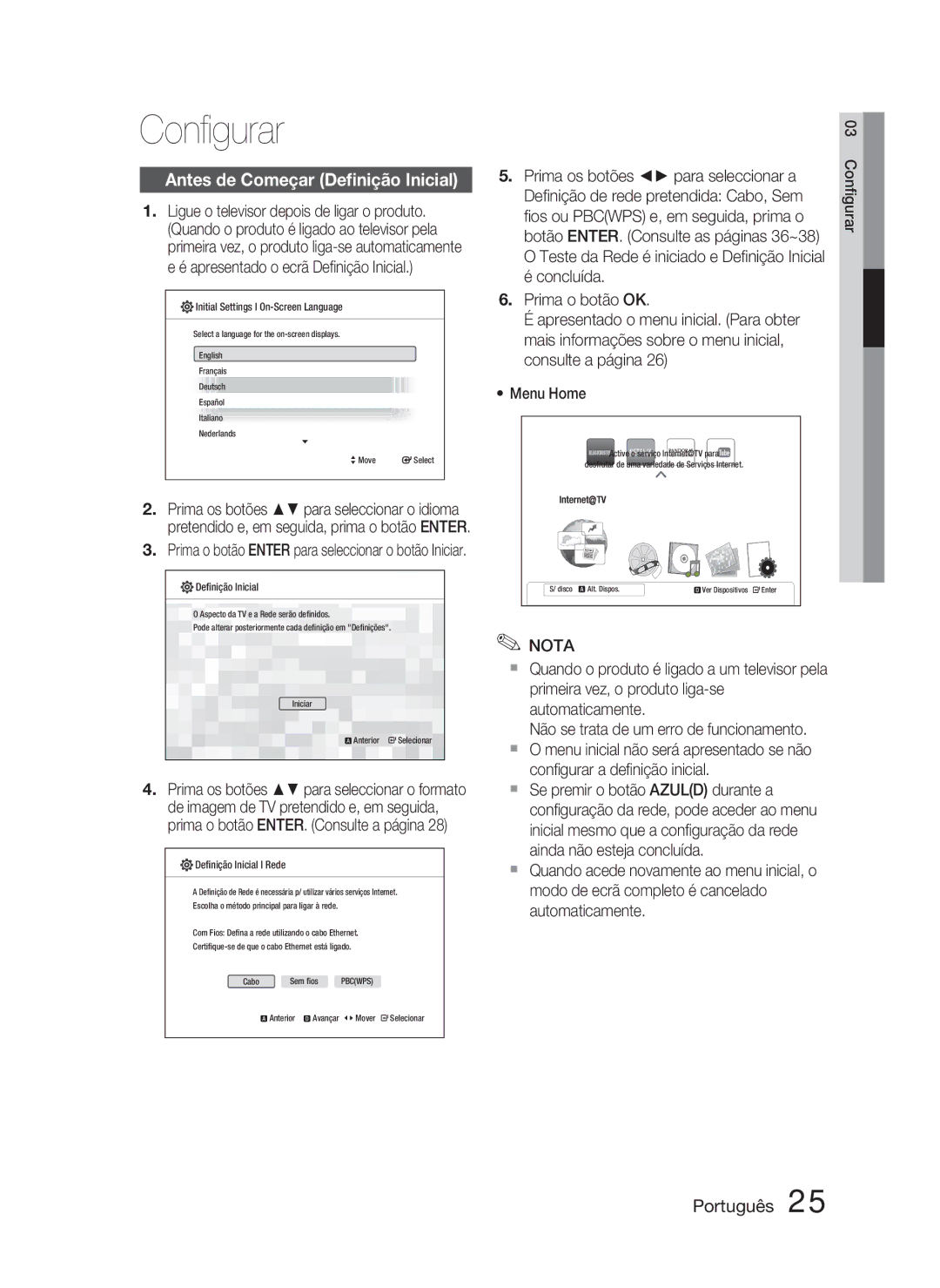 Samsung HT-C5800/XEF manual Conﬁgurar, Antes de Começar Deﬁnição Inicial, Prima os botões para seleccionar a 