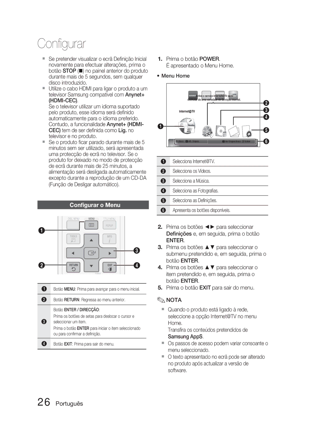 Samsung HT-C5800/XEF manual Conﬁgurar o Menu 