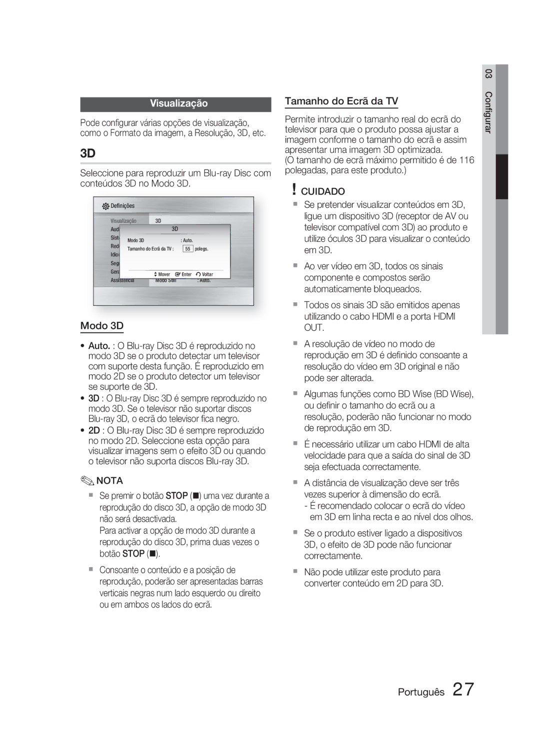 Samsung HT-C5800/XEF manual Visualização, Tamanho do Ecrã da TV 