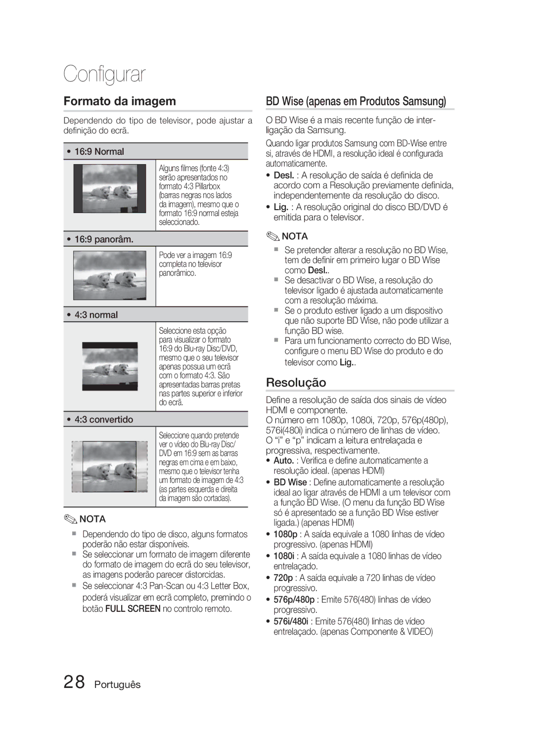 Samsung HT-C5800/XEF manual BD Wise apenas em Produtos Samsung, Resolução, Panorâm, Convertido 