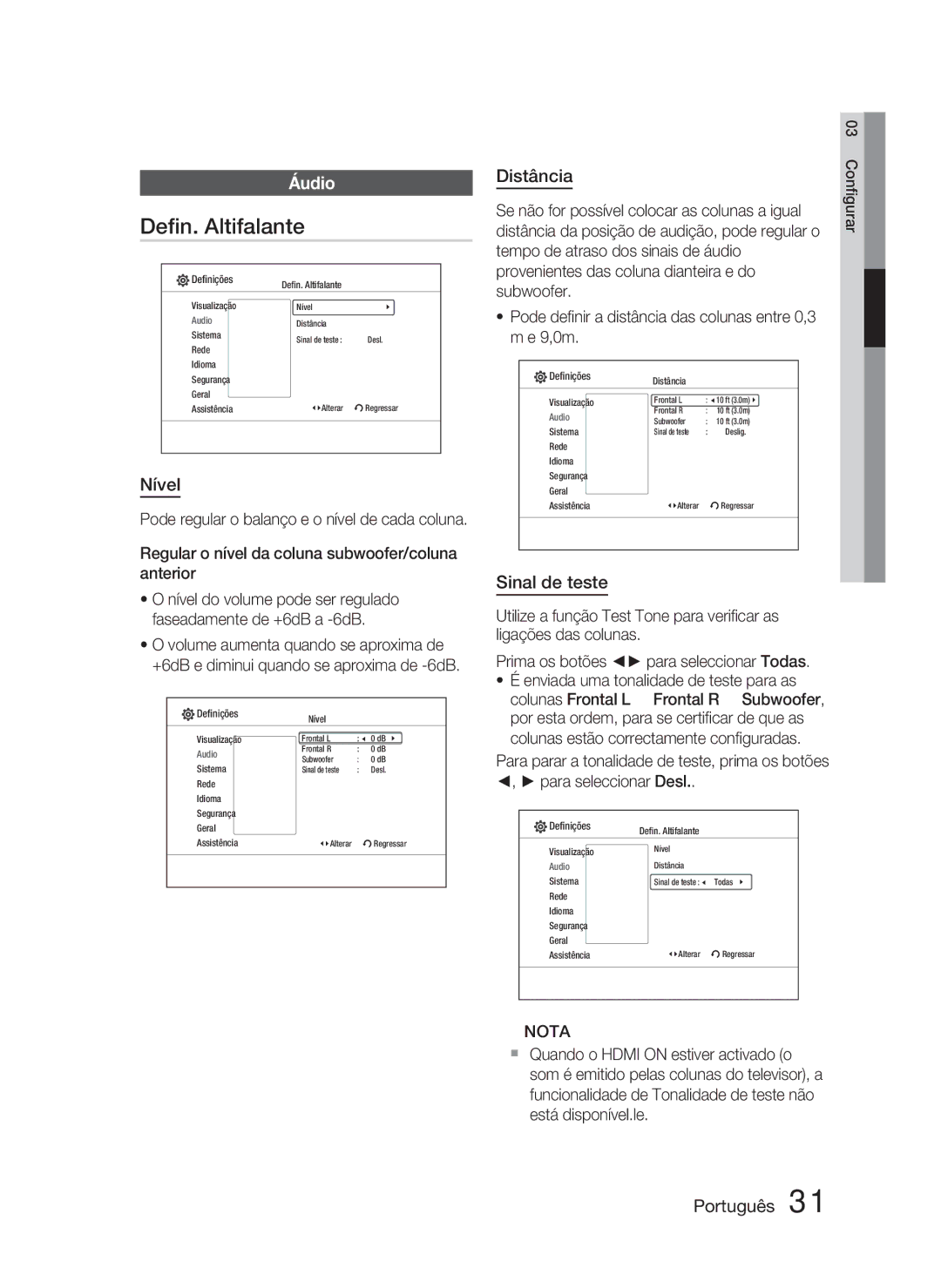 Samsung HT-C5800/XEF manual Deﬁn. Altifalante, Áudio, Nível, Distância, Sinal de teste 