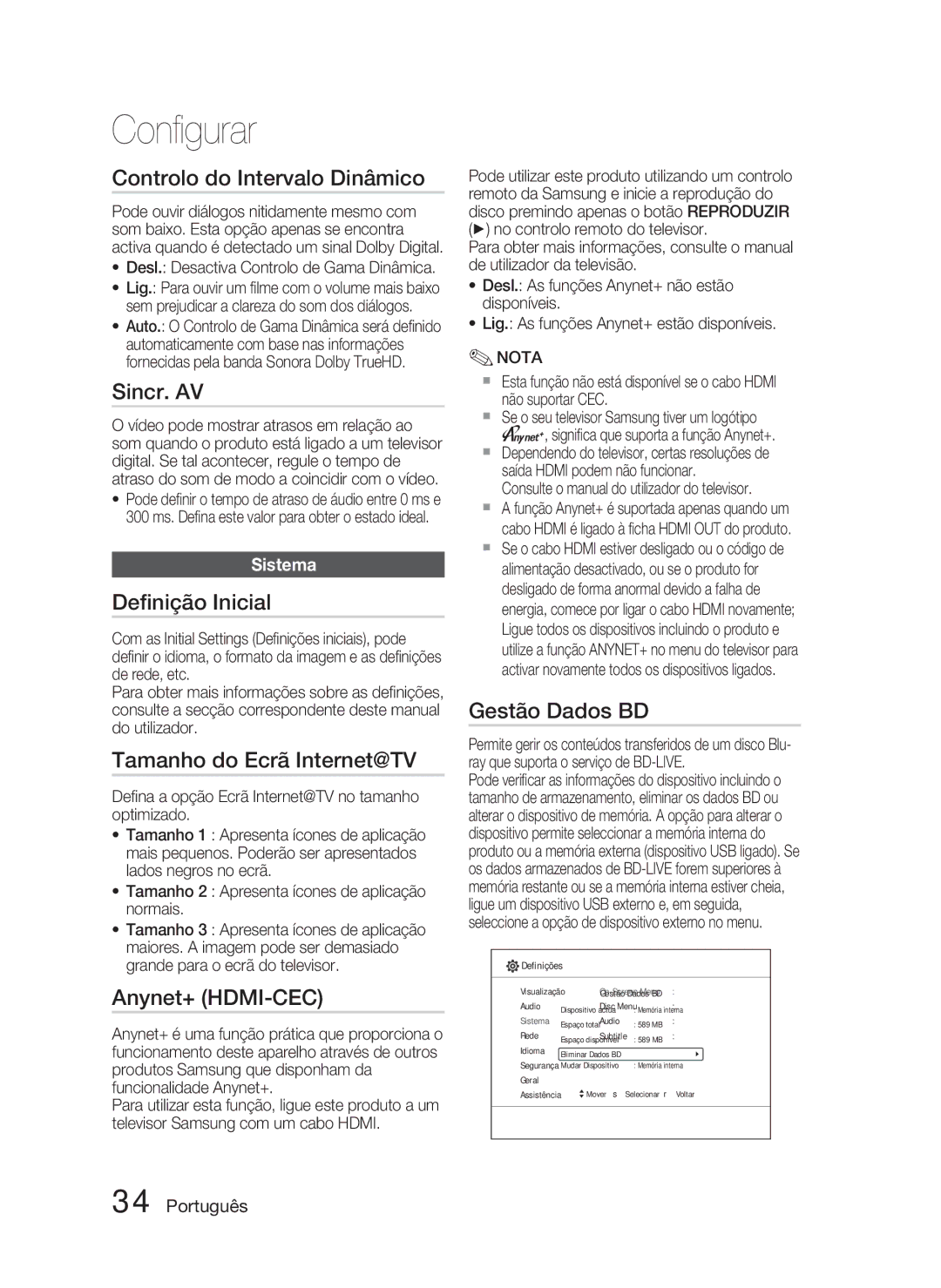 Samsung HT-C5800/XEF manual Controlo do Intervalo Dinâmico, Deﬁnição Inicial, Tamanho do Ecrã Internet@TV, Gestão Dados BD 