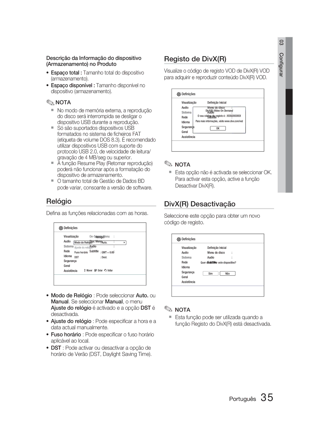 Samsung HT-C5800/XEF manual Registo de DivXR, Relógio, DivXR Desactivação, Deﬁna as funções relacionadas com as horas 