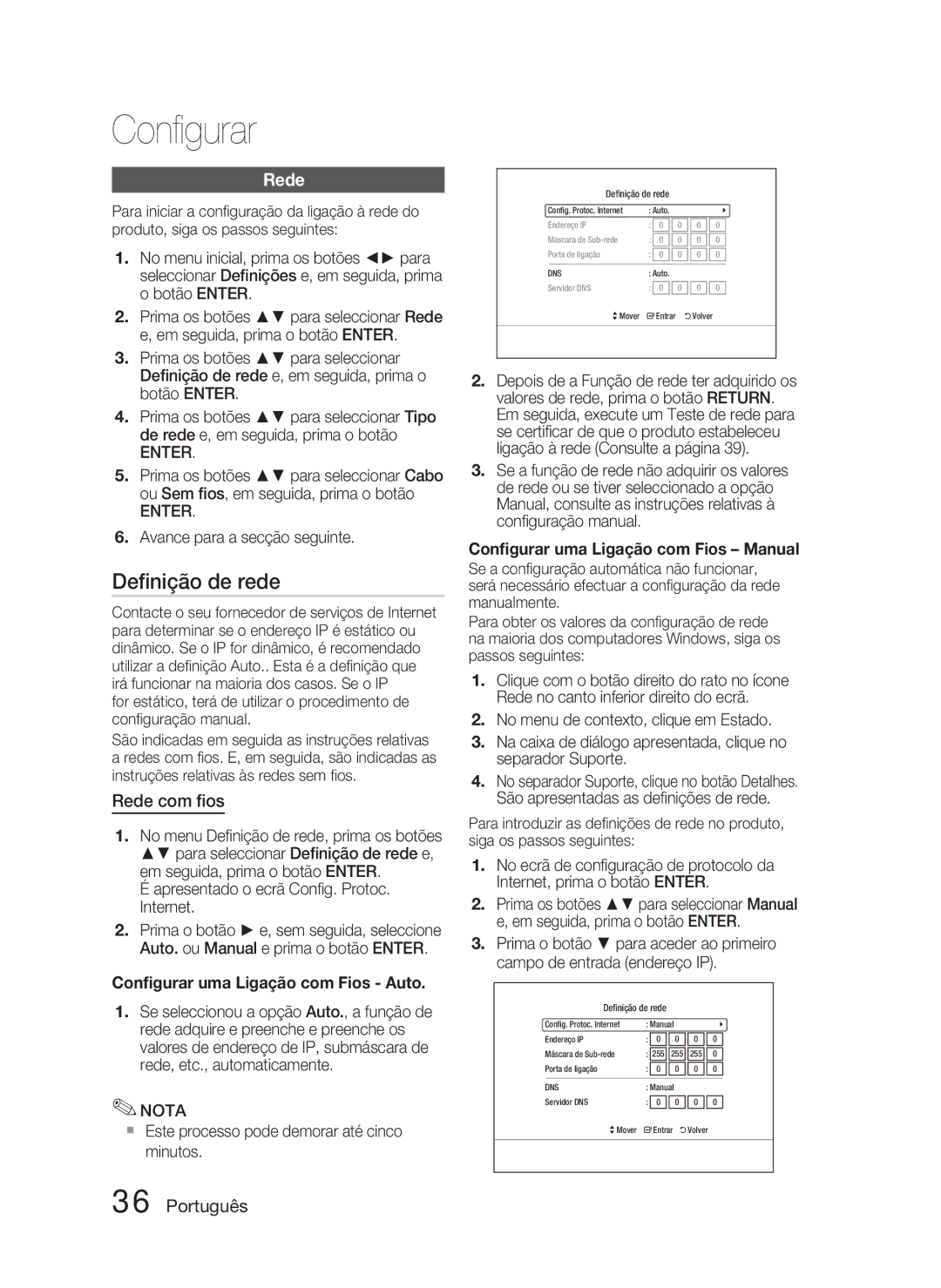 Samsung HT-C5800/XEF manual Deﬁnição de rede, Rede com ﬁos, Conﬁgurar uma Ligação com Fios Auto 