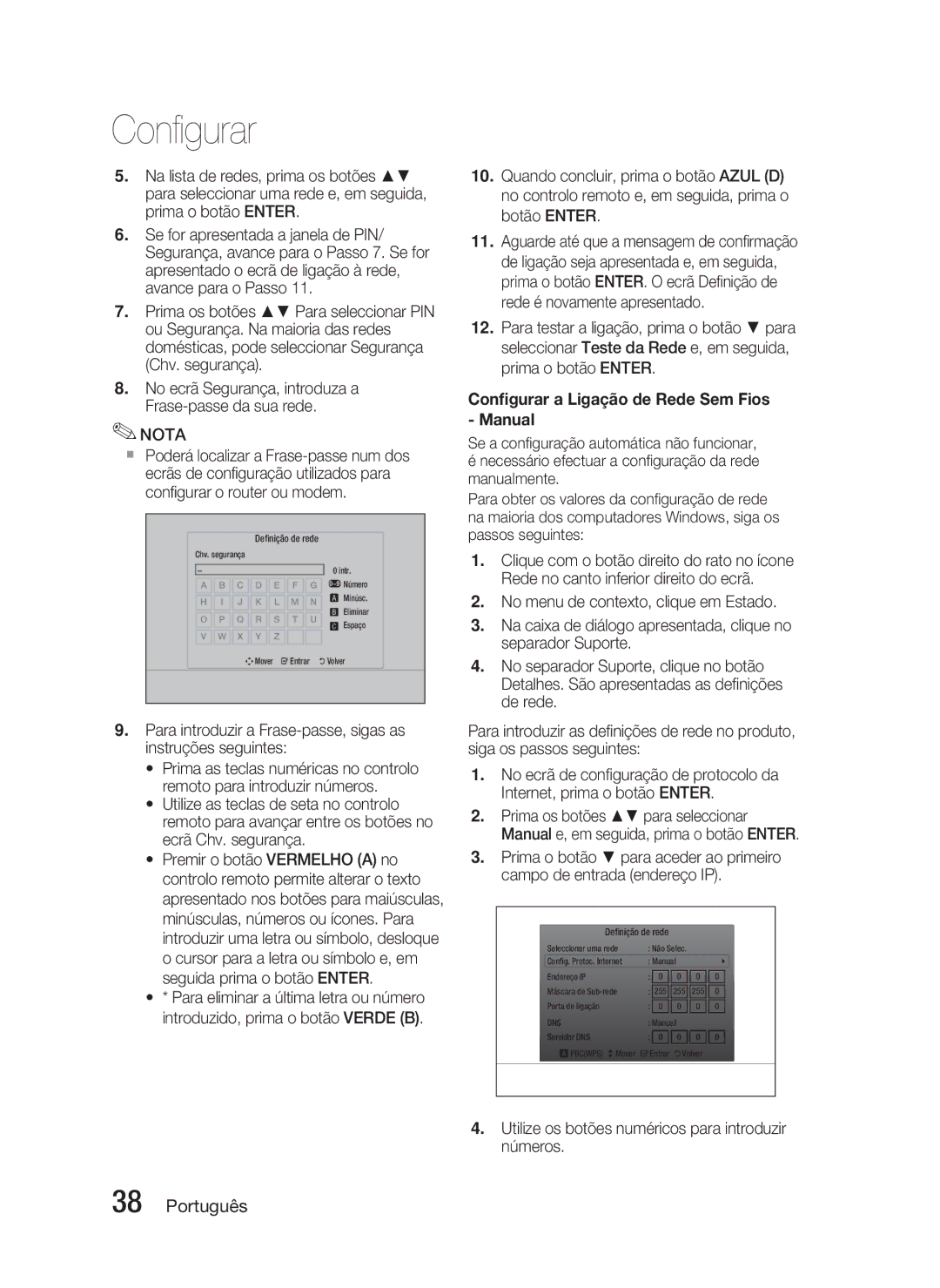 Samsung HT-C5800/XEF Conﬁgurar a Ligação de Rede Sem Fios Manual, Utilize os botões numéricos para introduzir números 