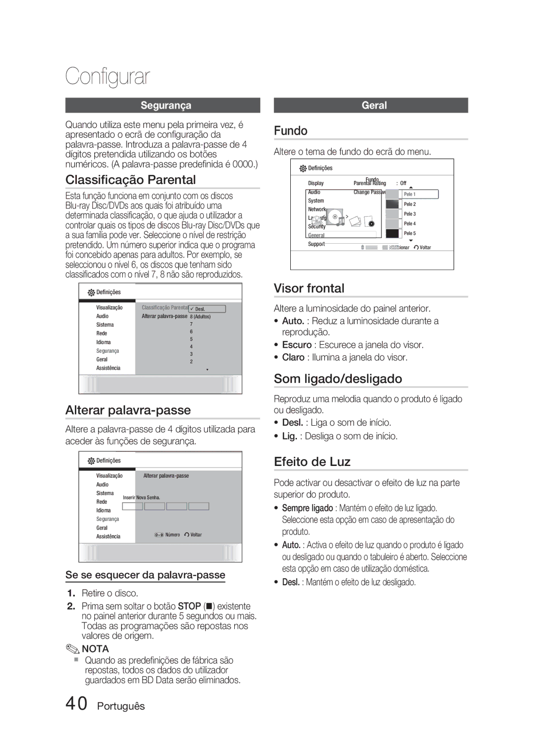 Samsung HT-C5800/XEF manual Classiﬁcação Parental, Alterar palavra-passe, Fundo, Visor frontal, Som ligado/desligado 