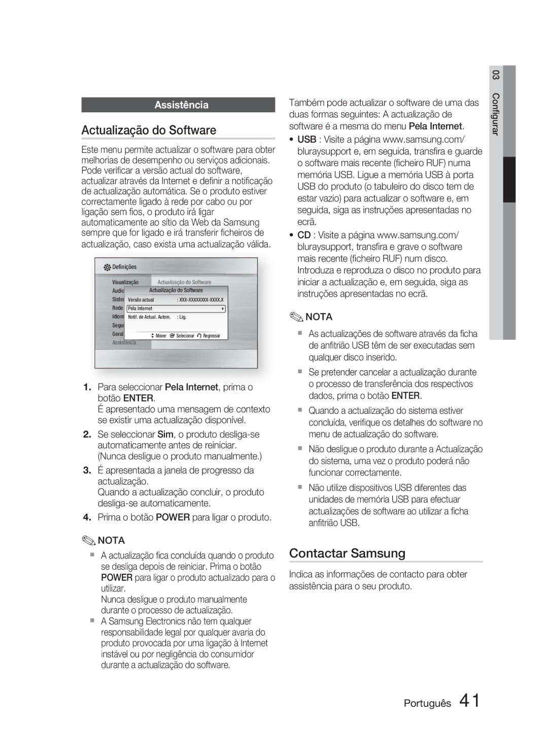 Samsung HT-C5800/XEF manual Actualização do Software, Contactar Samsung, Assistência 