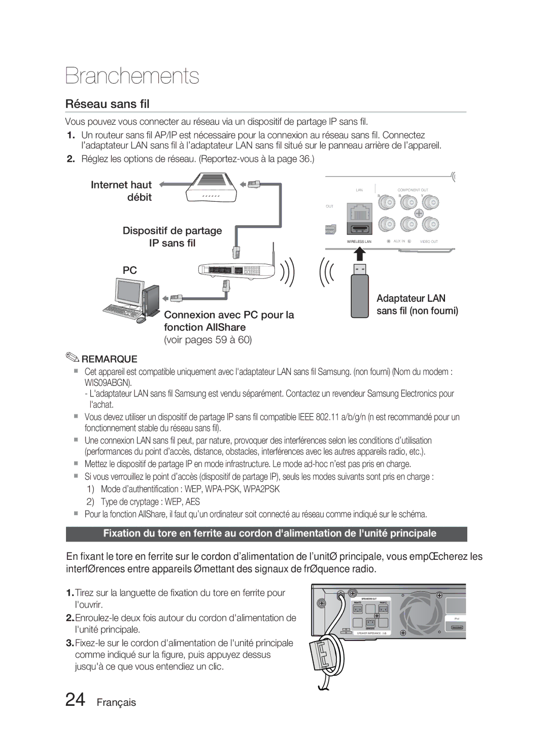 Samsung HT-C5800/XEF manual Internet haut, Débit, Dispositif de partage IP sans ﬁl, Adaptateur LAN sans ﬁl non fourni 