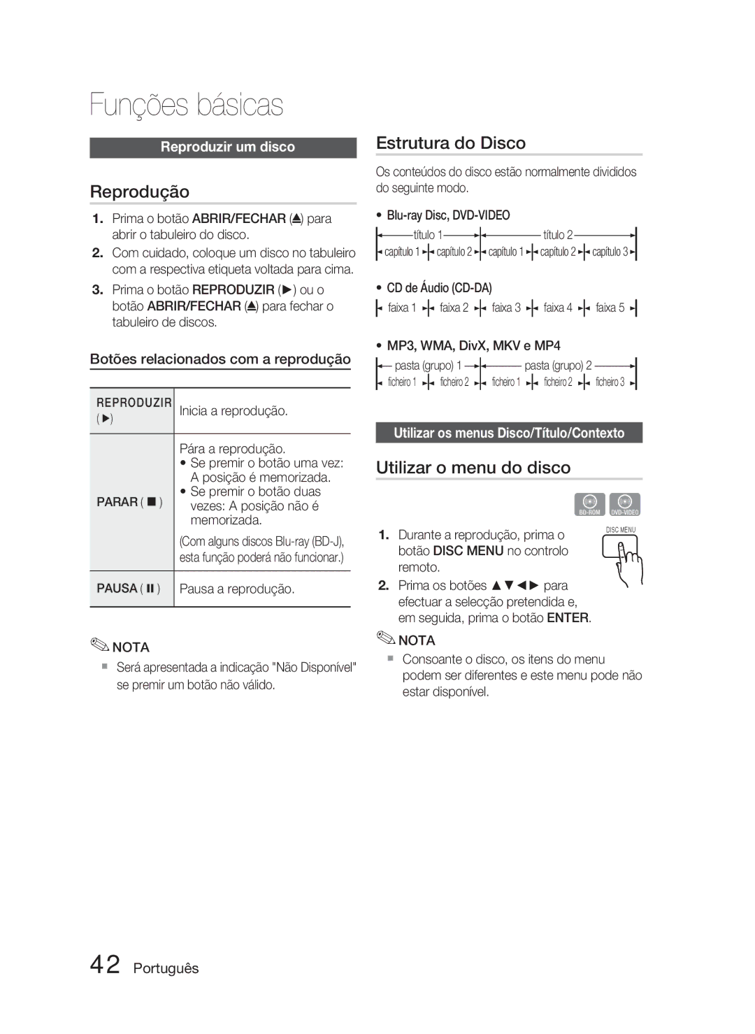 Samsung HT-C5800/XEF manual Funções básicas, Reprodução, Estrutura do Disco, Utilizar o menu do disco 