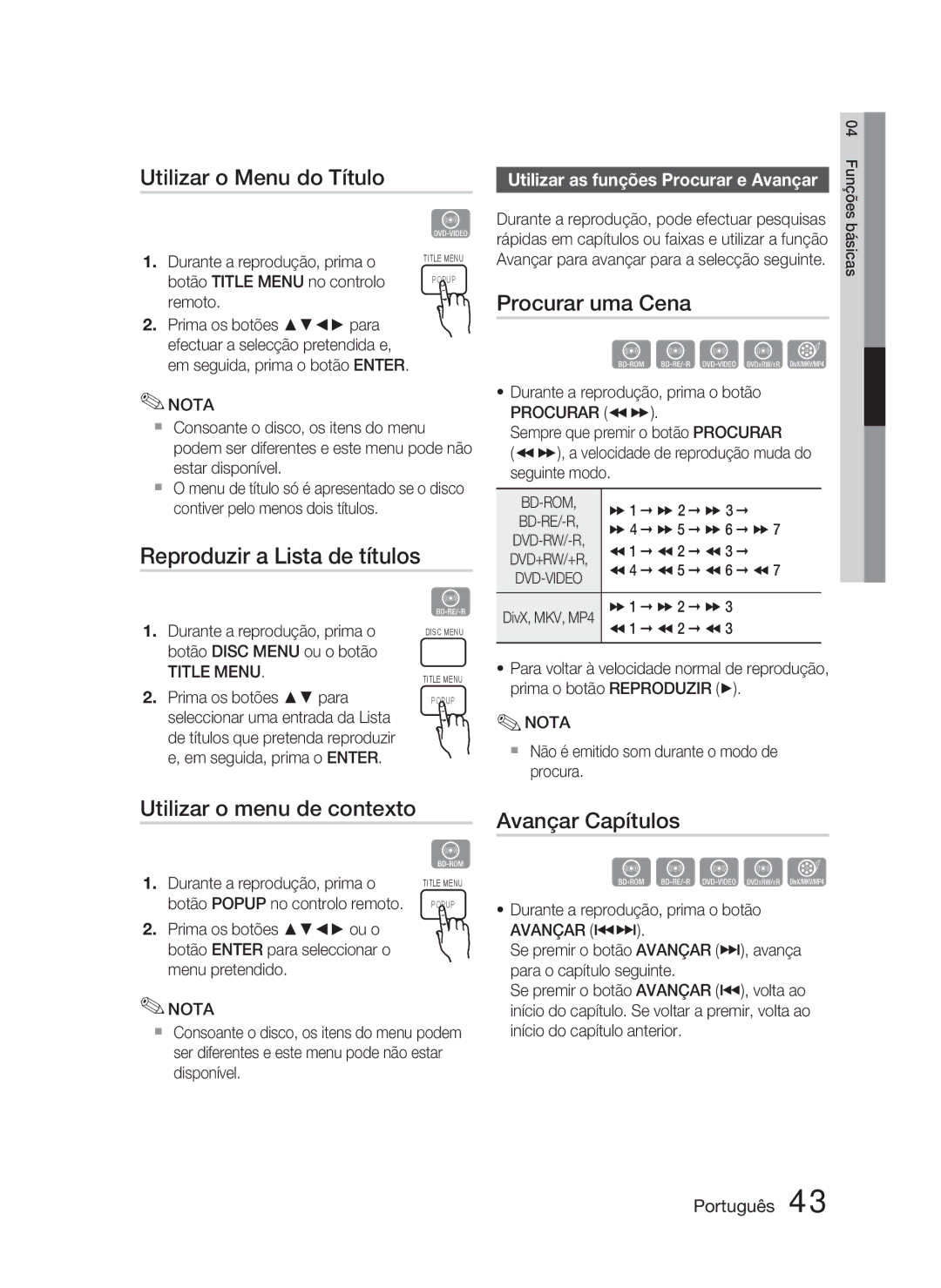 Samsung HT-C5800/XEF manual Utilizar o Menu do Título, Procurar uma Cena, Reproduzir a Lista de títulos 