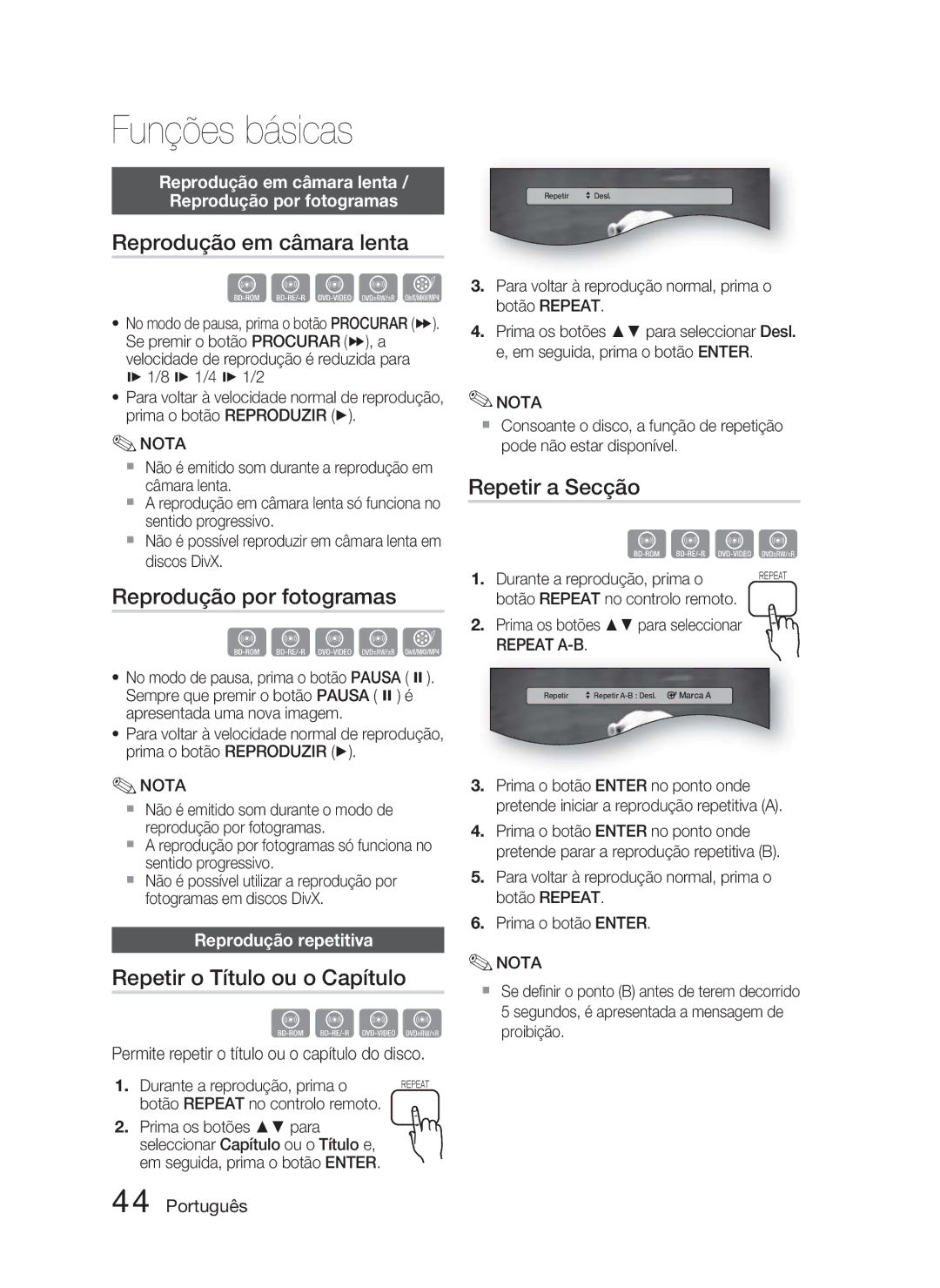 Samsung HT-C5800/XEF manual Reprodução em câmara lenta, Reprodução por fotogramas, Repetir o Título ou o Capítulo 