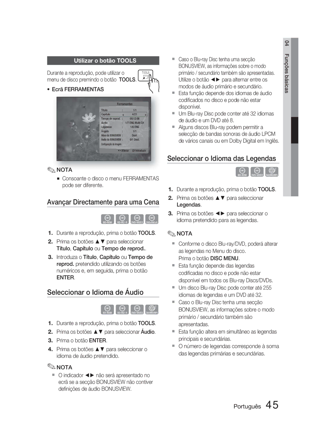 Samsung HT-C5800/XEF Seleccionar o Idioma de Áudio, Seleccionar o Idioma das Legendas, Avançar Directamente para uma Cena 