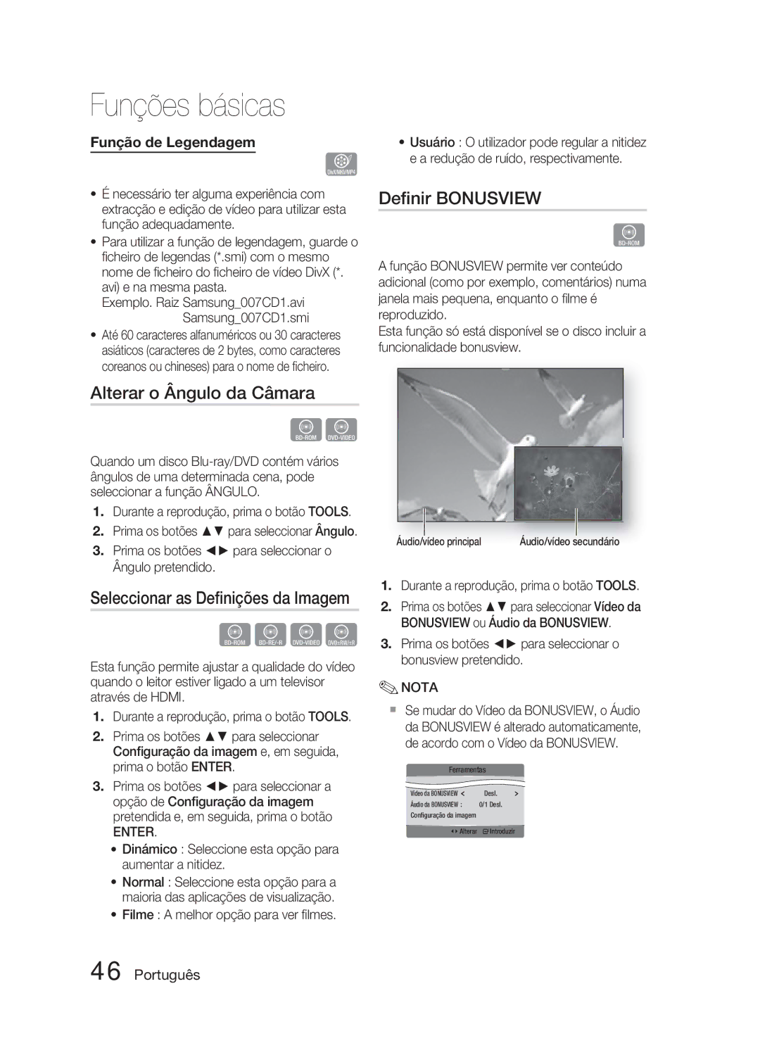 Samsung HT-C5800/XEF manual Alterar o Ângulo da Câmara, Deﬁnir Bonusview 