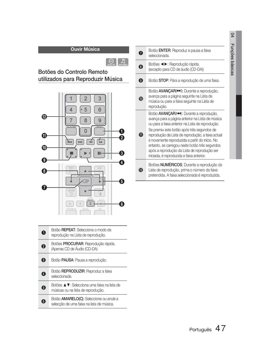 Samsung HT-C5800/XEF manual Ouvir Música, Botão Enter Reproduz e pausa a faixa seleccionada, Reprodução 