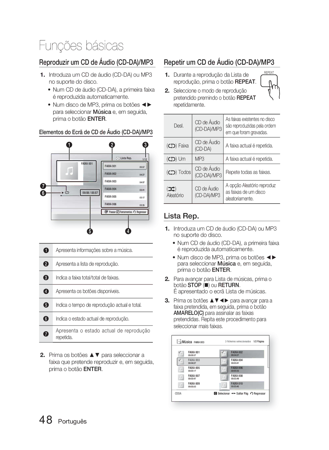 Samsung HT-C5800/XEF manual Repetir um CD de Áudio CD-DA/MP3, Lista Rep, Reproduzir um CD de Áudio CD-DA/MP3 