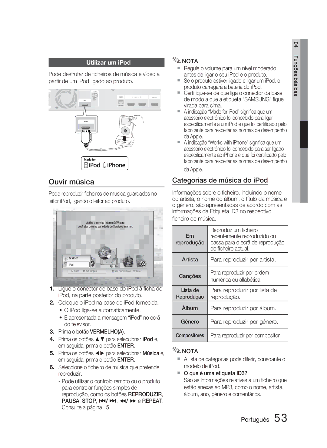 Samsung HT-C5800/XEF manual Ouvir música, Categorias de música do iPod, Utilizar um iPod 