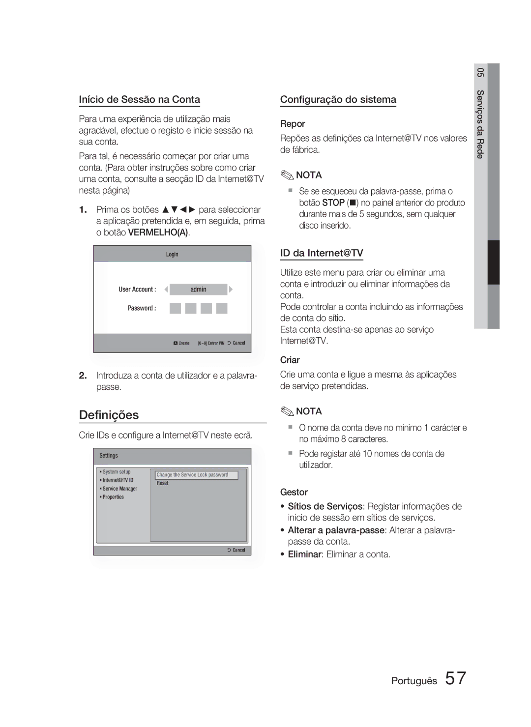 Samsung HT-C5800/XEF manual Deﬁnições, Início de Sessão na Conta, Conﬁguração do sistema, ID da Internet@TV 