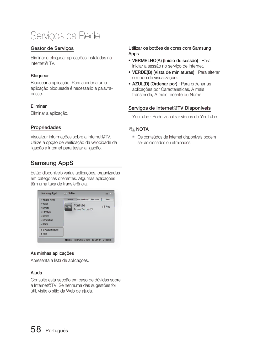 Samsung HT-C5800/XEF manual Gestor de Serviços, Propriedades, Serviços de Internet@TV Disponíveis 