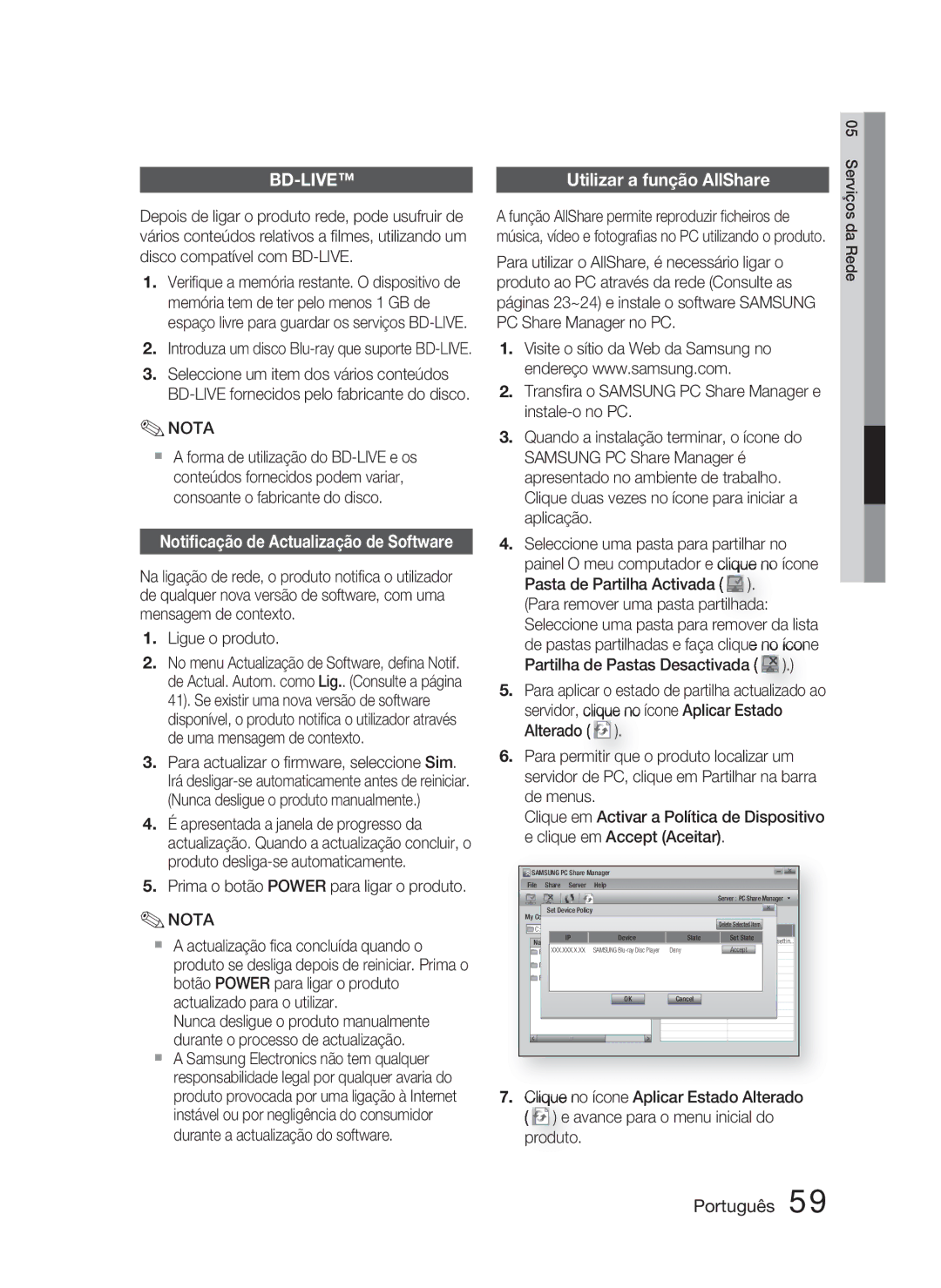 Samsung HT-C5800/XEF manual Utilizar a função AllShare, Notiﬁcação de Actualização de Software 