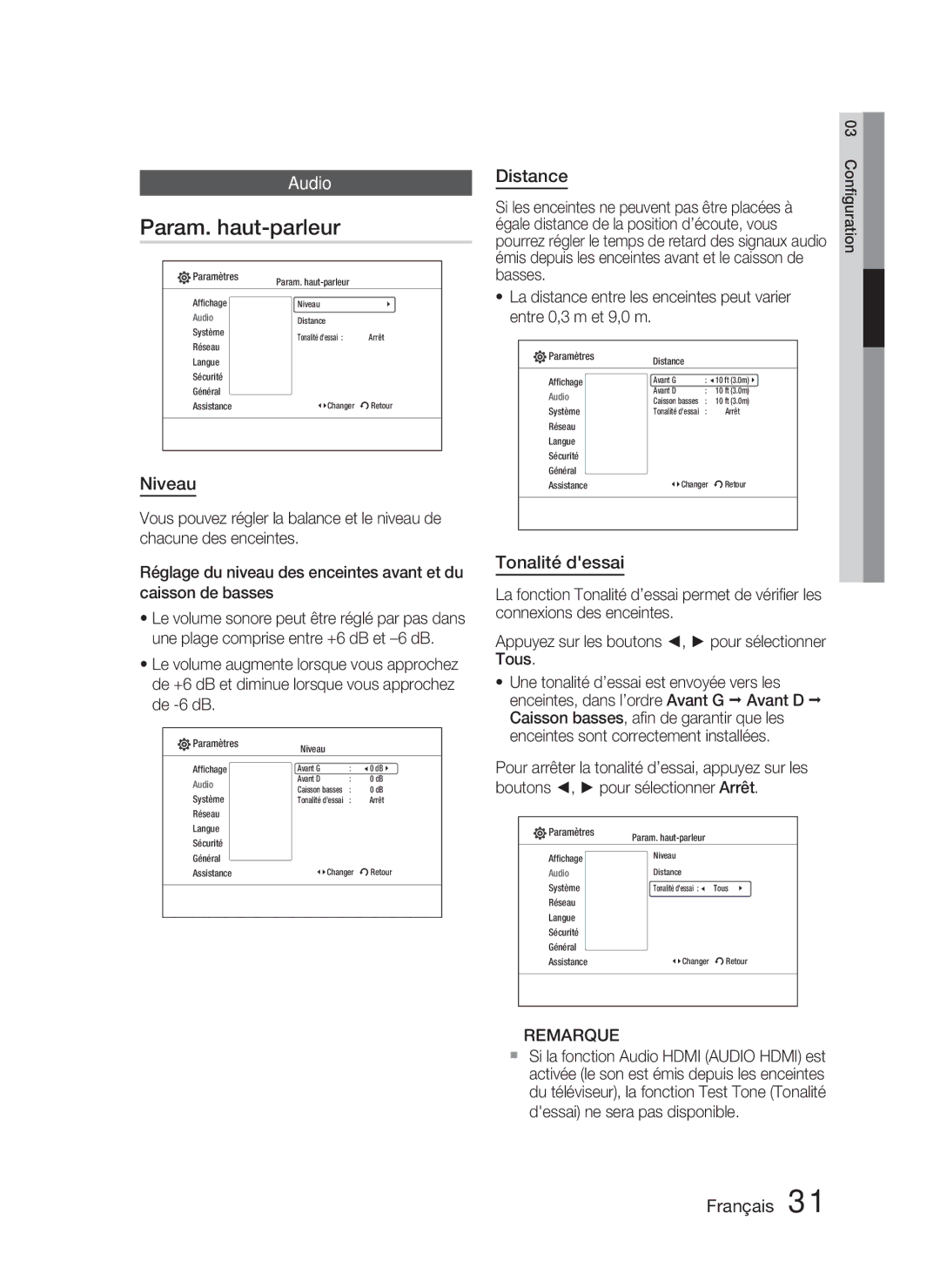 Samsung HT-C5800/XEF manual Param. haut-parleur, Audio, Niveau, Distance, Tonalité dessai 