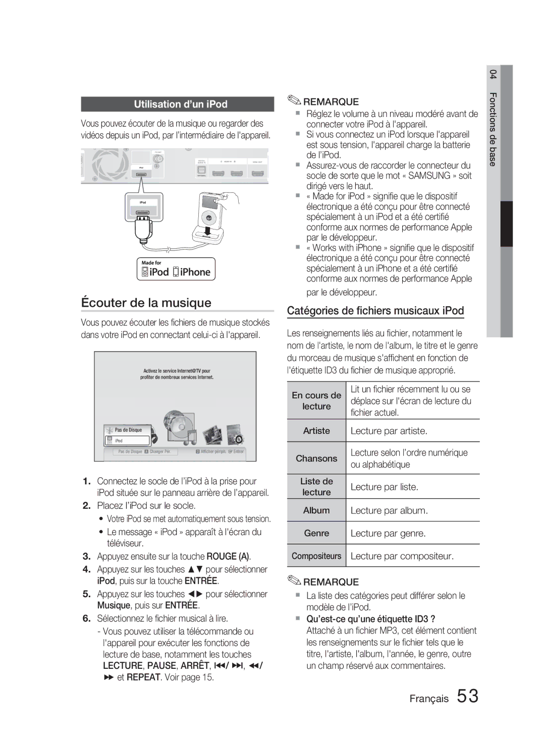 Samsung HT-C5800/XEF manual Écouter de la musique, Catégories de ﬁchiers musicaux iPod, Utilisation d’un iPod 