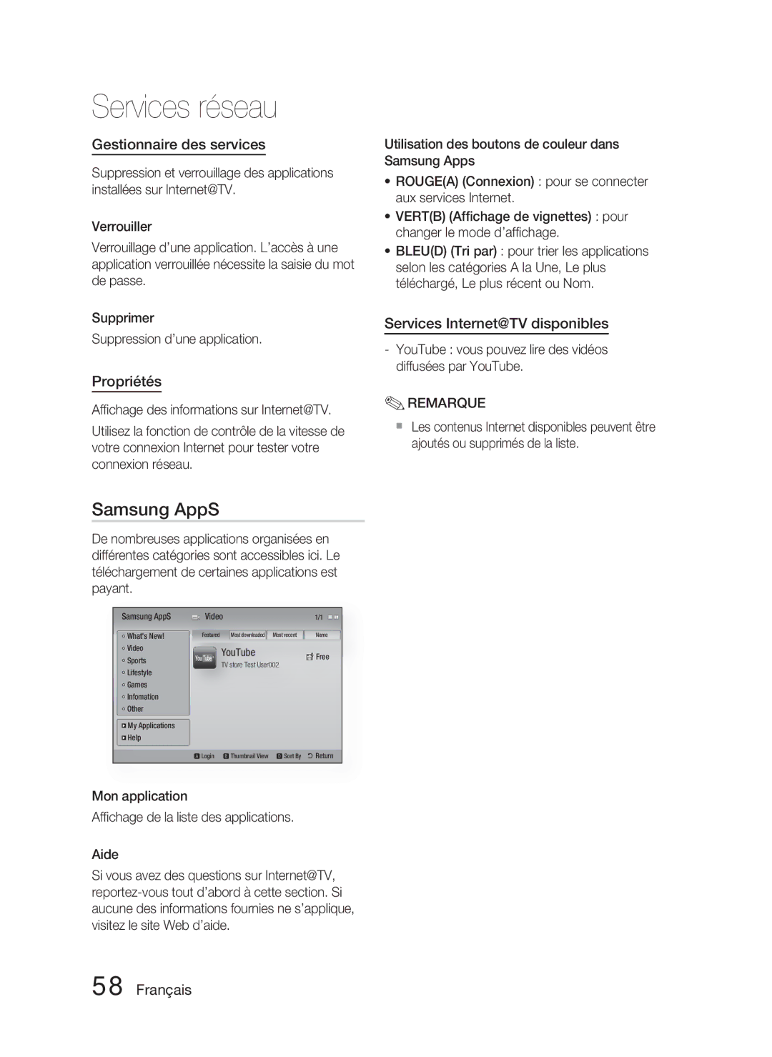 Samsung HT-C5800/XEF manual Samsung AppS, Gestionnaire des services, Propriétés, Services Internet@TV disponibles 