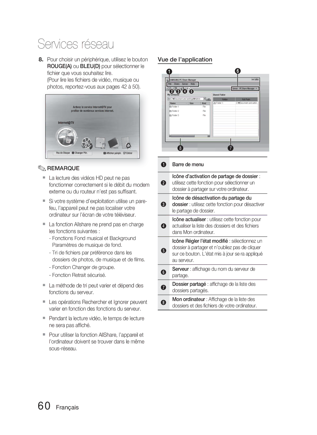 Samsung HT-C5800/XEF manual Vue de l’application, Barre de menu Icône d’activation de partage de dossier 