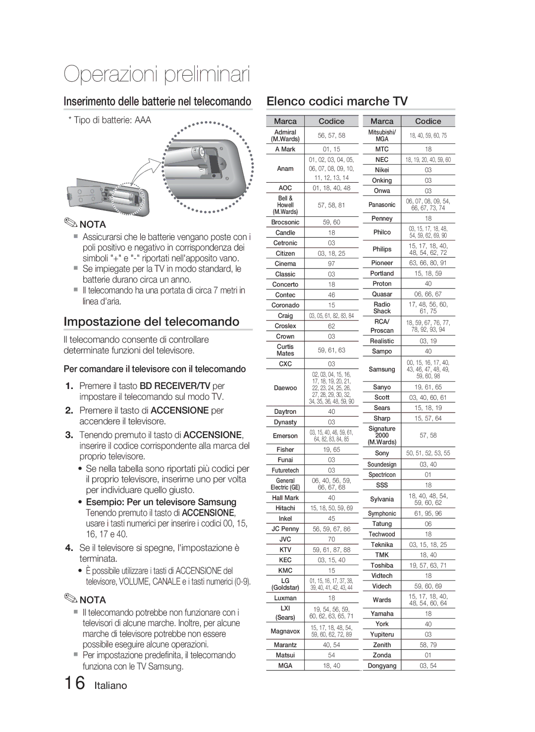 Samsung HT-C5800/XEF Elenco codici marche TV, Impostazione del telecomando, Inserimento delle batterie nel telecomando 