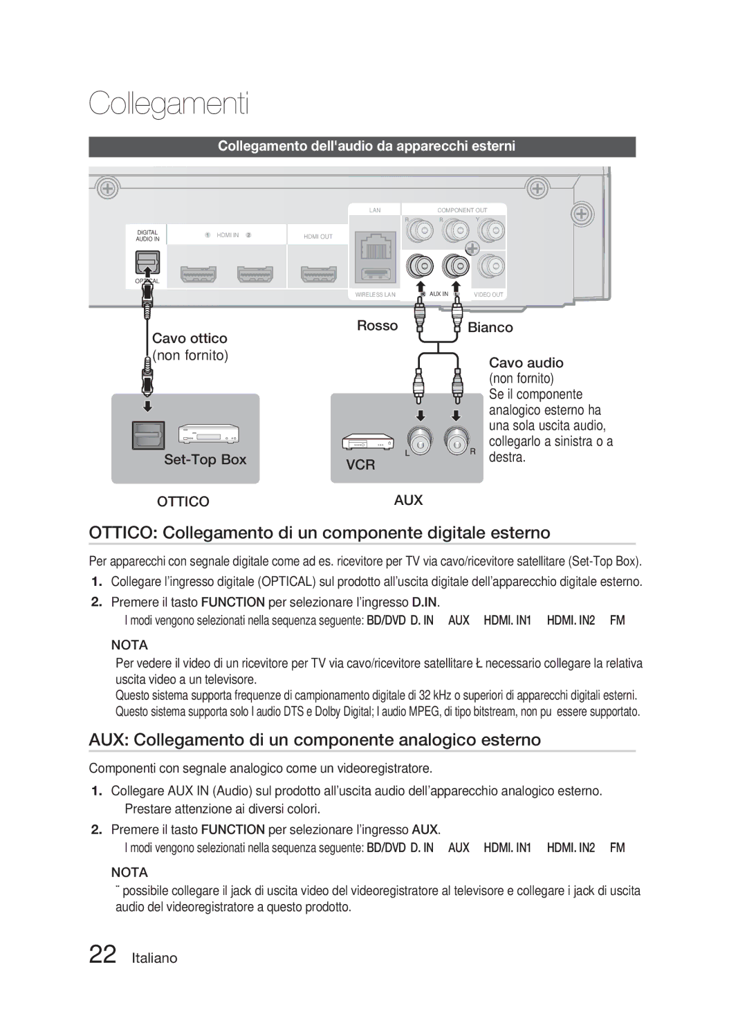 Samsung HT-C5800/XEF Ottico Collegamento di un componente digitale esterno, Collegamento dellaudio da apparecchi esterni 