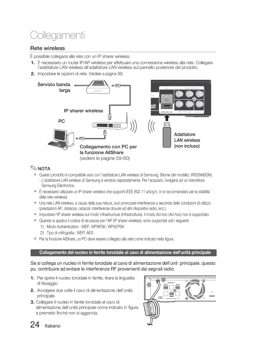 Samsung HT-C5800/XEF Servizio banda larga IP sharer wireless, Possibile collegarsi alla rete con un IP sharer wireless 