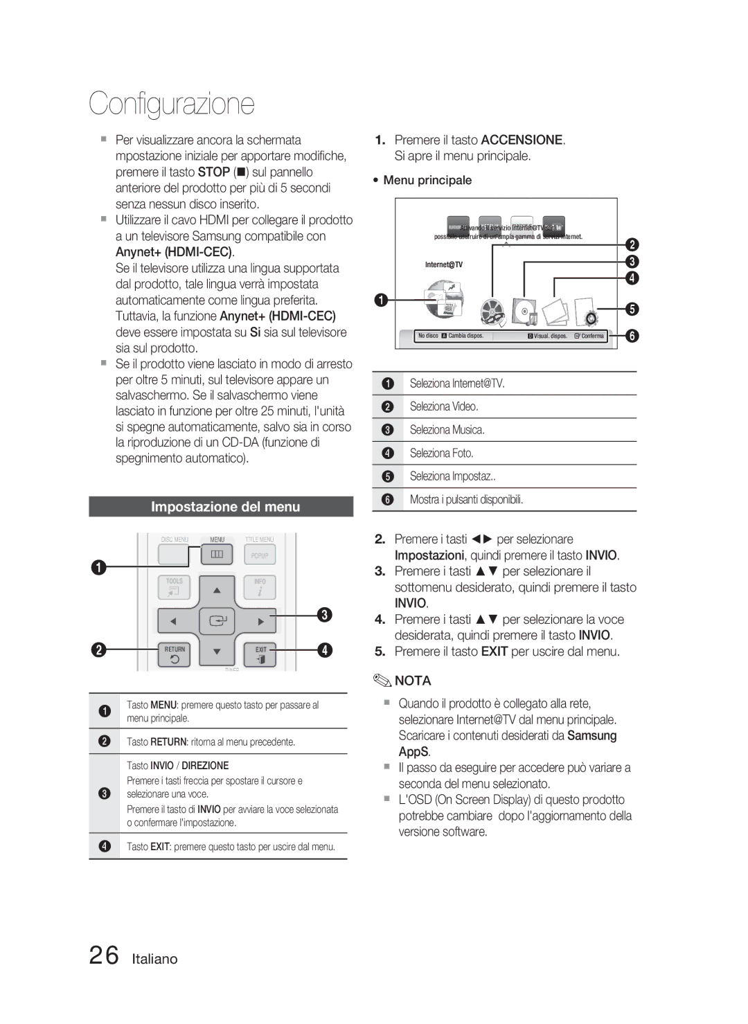 Samsung HT-C5800/XEF manual Conﬁgurazione, Impostazione del menu 