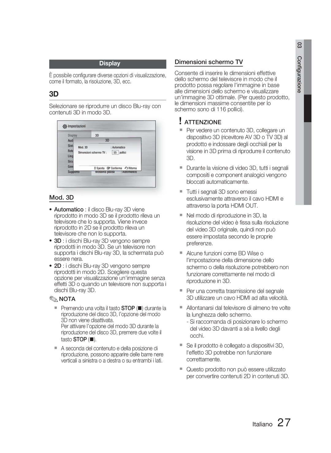 Samsung HT-C5800/XEF manual Display, Mod D, Dimensioni schermo TV 