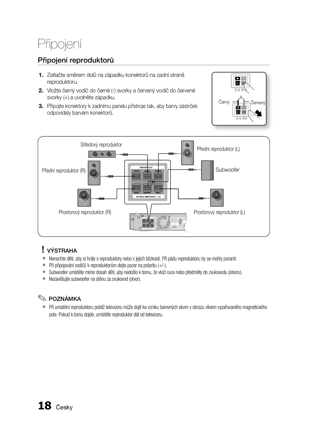 Samsung HT-C5900/EDC manual Připojení reproduktorů, 18 Česky, Středový reproduktor Přední reproduktor R 