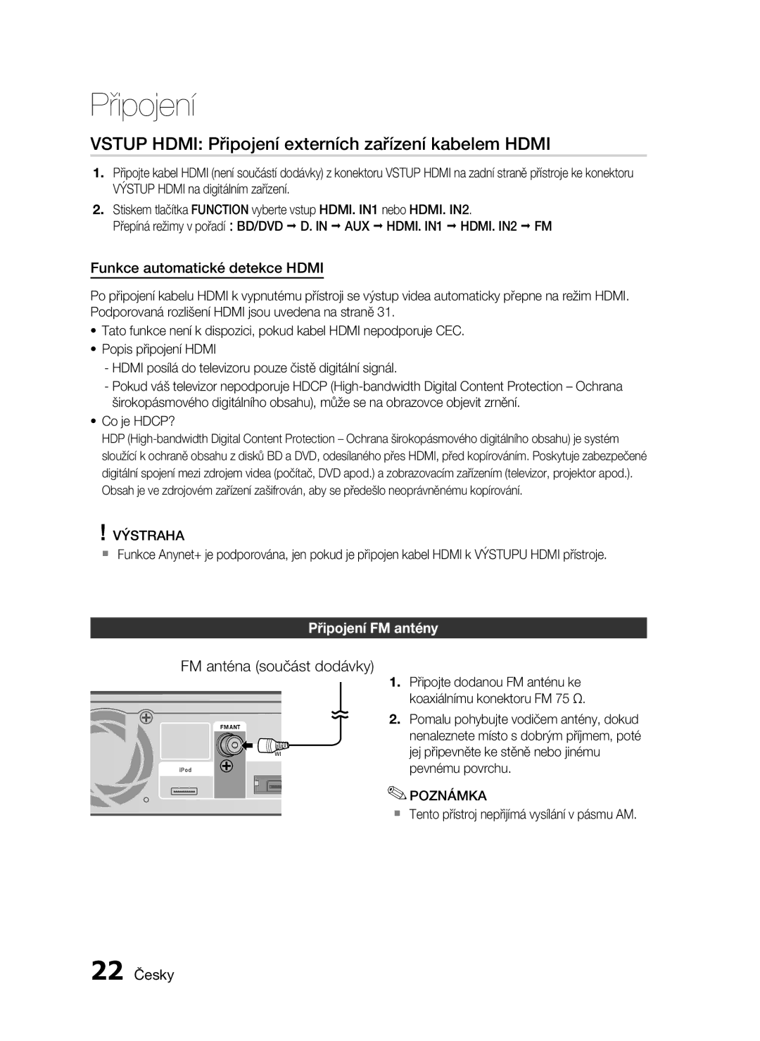 Samsung HT-C5900/EDC manual Vstup Hdmi Připojení externích zařízení kabelem Hdmi, Funkce automatické detekce Hdmi, 22 Česky 