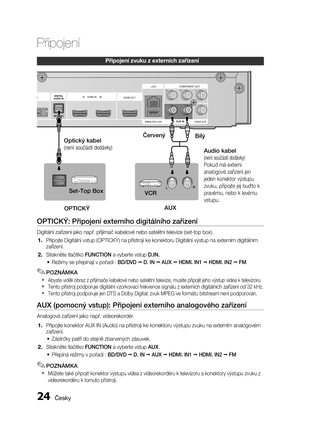 Samsung HT-C5900/EDC manual Optický Připojení externího digitálního zařízení, Připojení zvuku z externích zařízení 