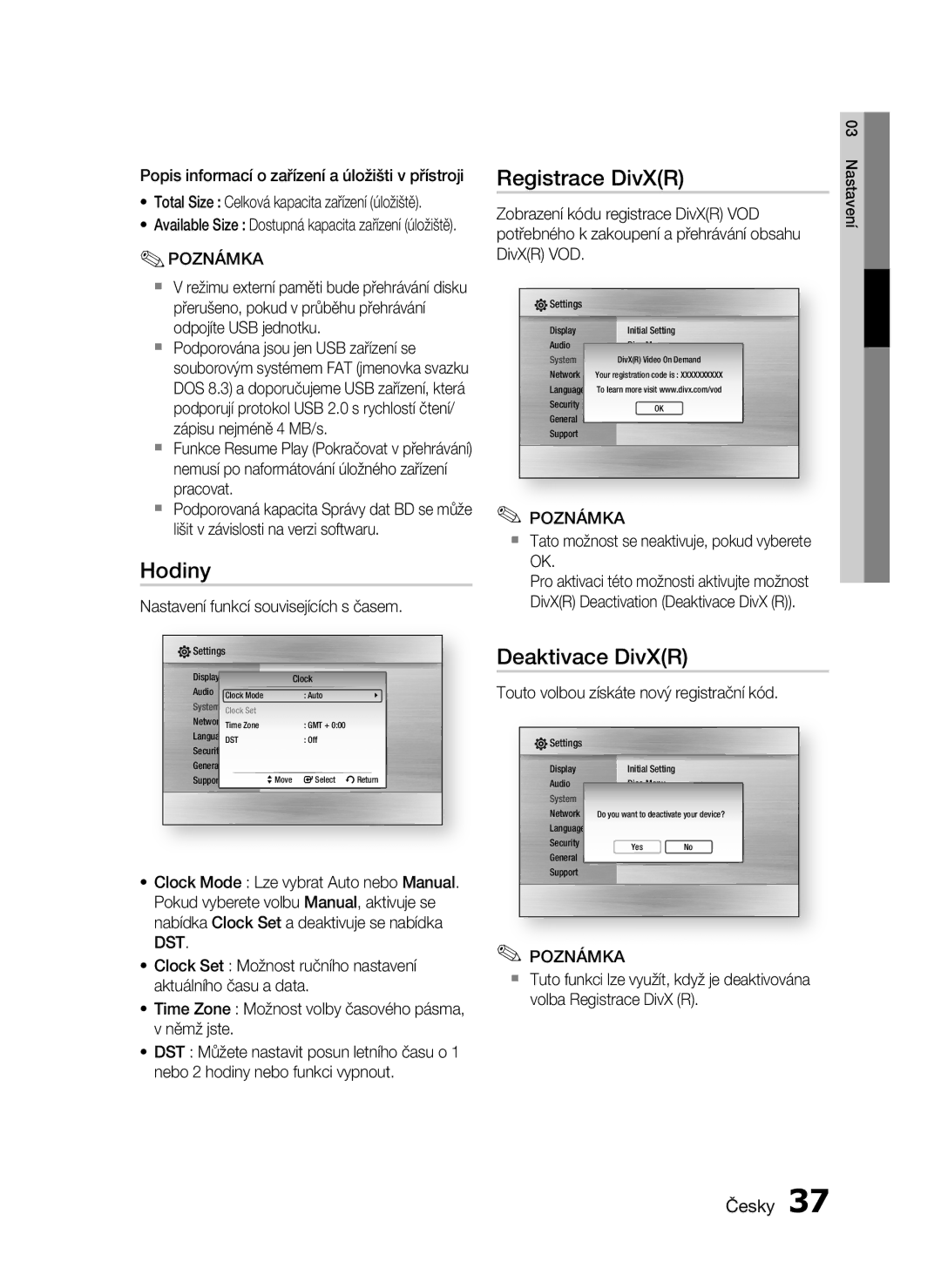 Samsung HT-C5900/EDC manual Hodiny, Registrace DivXR, Deaktivace DivXR 