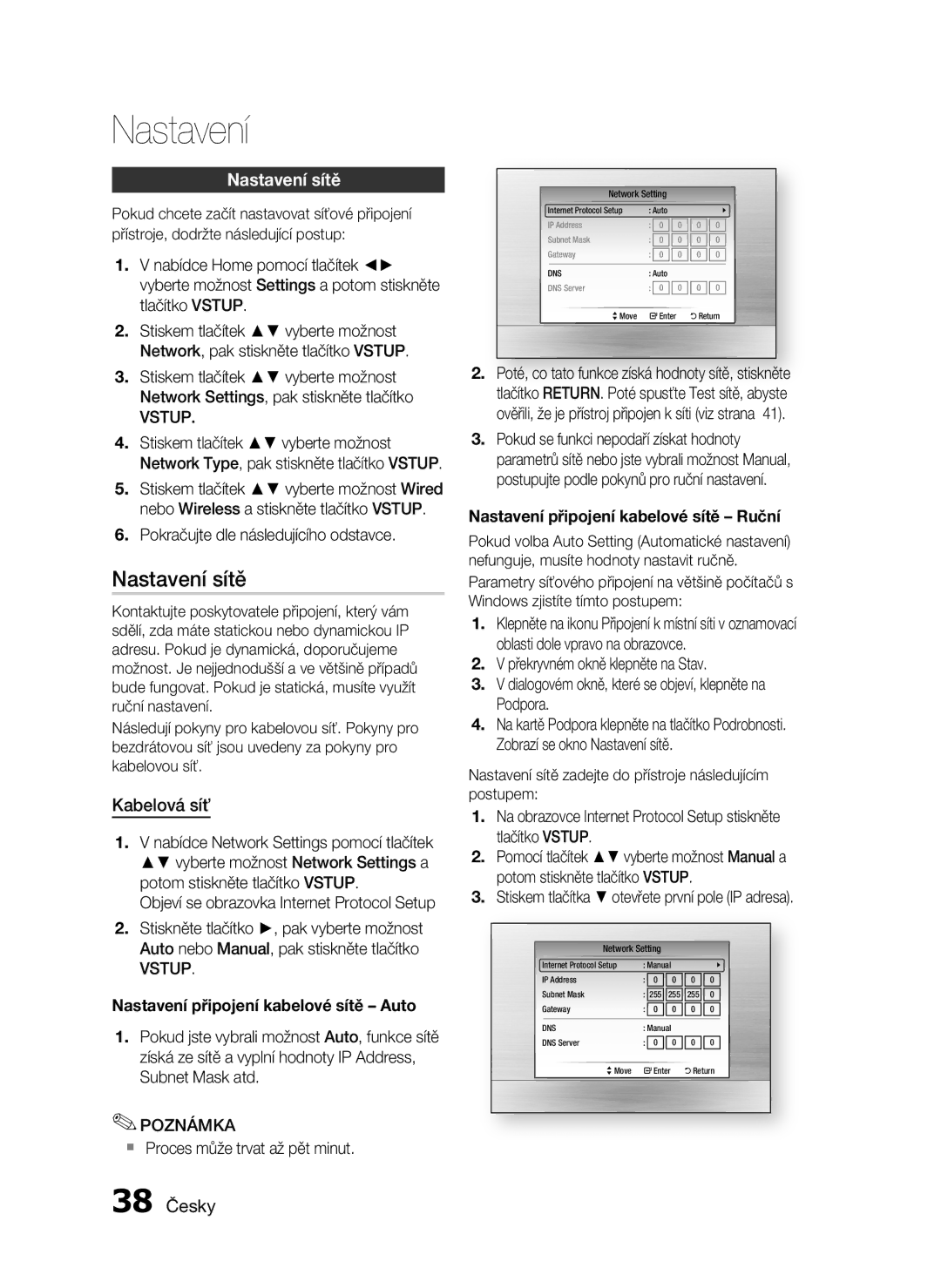 Samsung HT-C5900/EDC manual Nastavení sítě, Kabelová síť, 38 Česky 