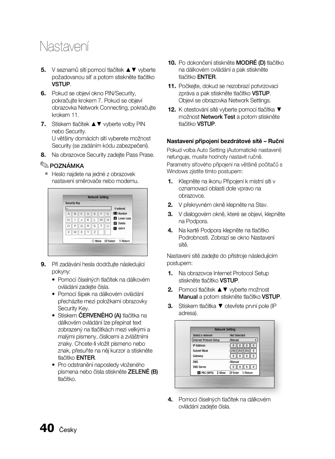 Samsung HT-C5900/EDC manual 40 Česky, Na obrazovce Security zadejte Pass Prase 