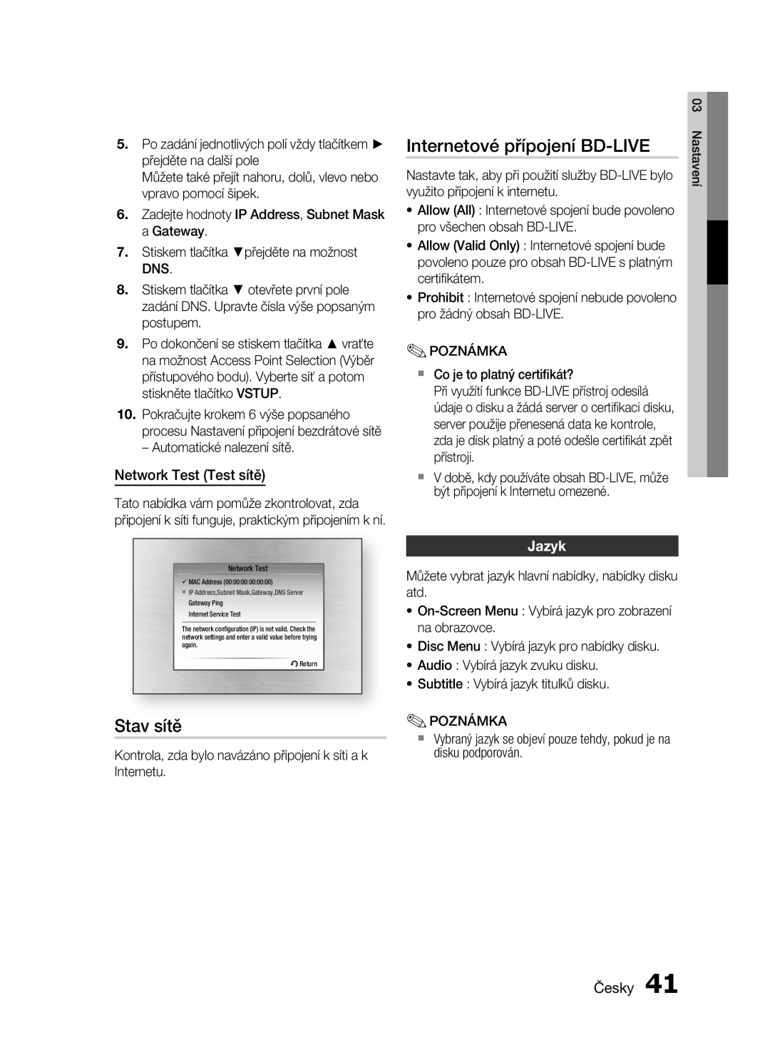 Samsung HT-C5900/EDC manual Internetové přípojení BD-LIVE, Stav sítě, Network Test Test sítě, Jazyk 