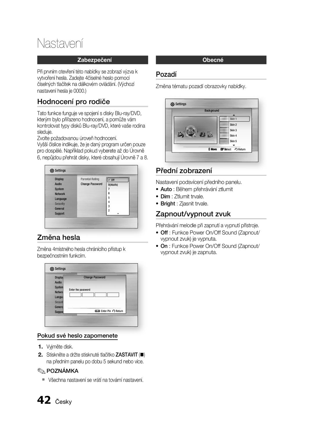 Samsung HT-C5900/EDC manual Hodnocení pro rodiče, Změna hesla, Pozadí, Přední zobrazení, Zapnout/vypnout zvuk 