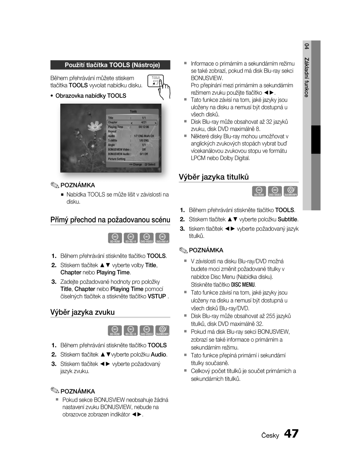 Samsung HT-C5900/EDC manual Výběr jazyka zvuku, Výběr jazyka titulků, Použití tlačítka Tools Nástroje, Bonusview 