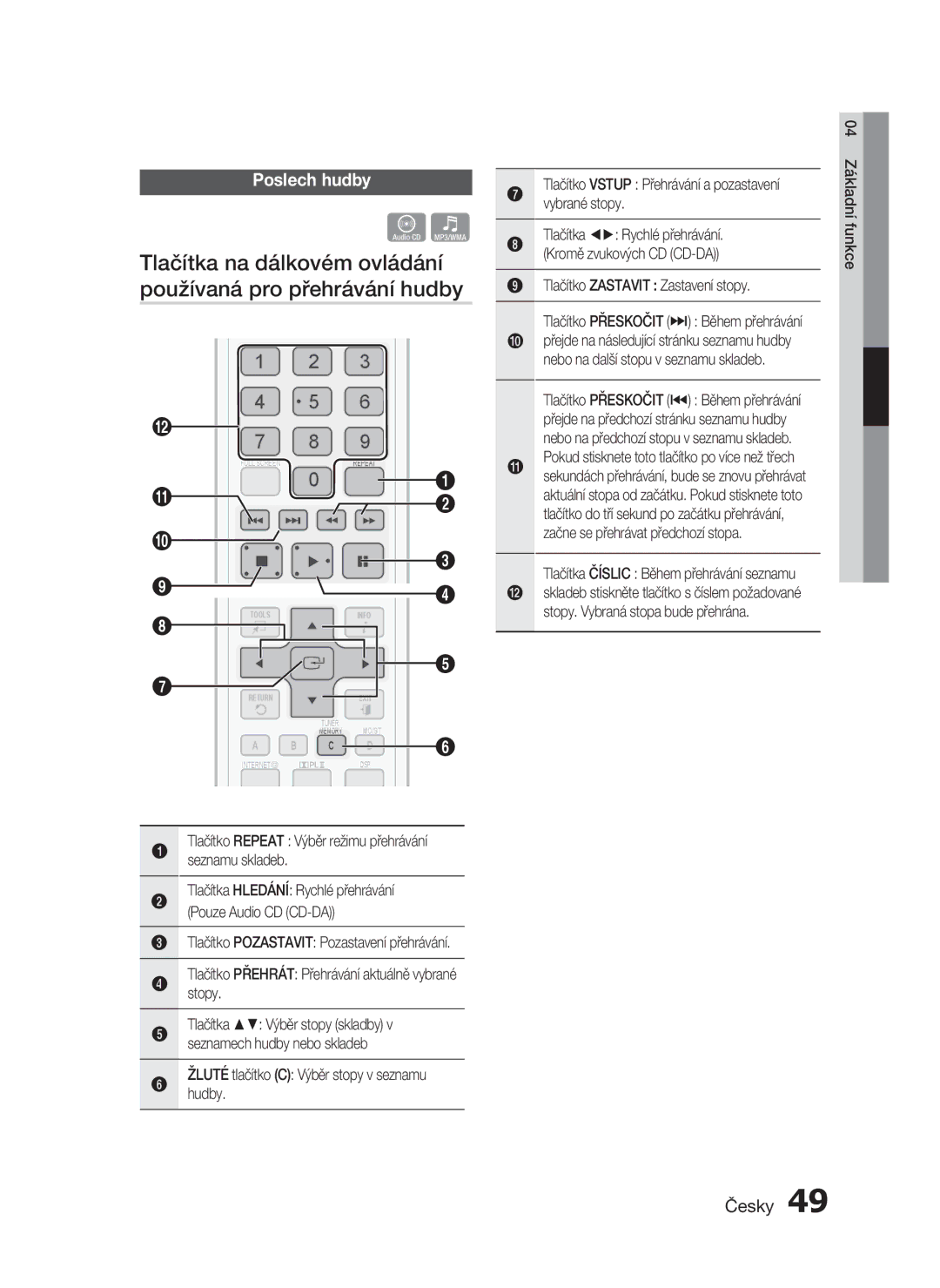 Samsung HT-C5900/EDC manual Poslech hudby, Tlačítko Repeat Výběr režimu přehrávání seznamu skladeb 