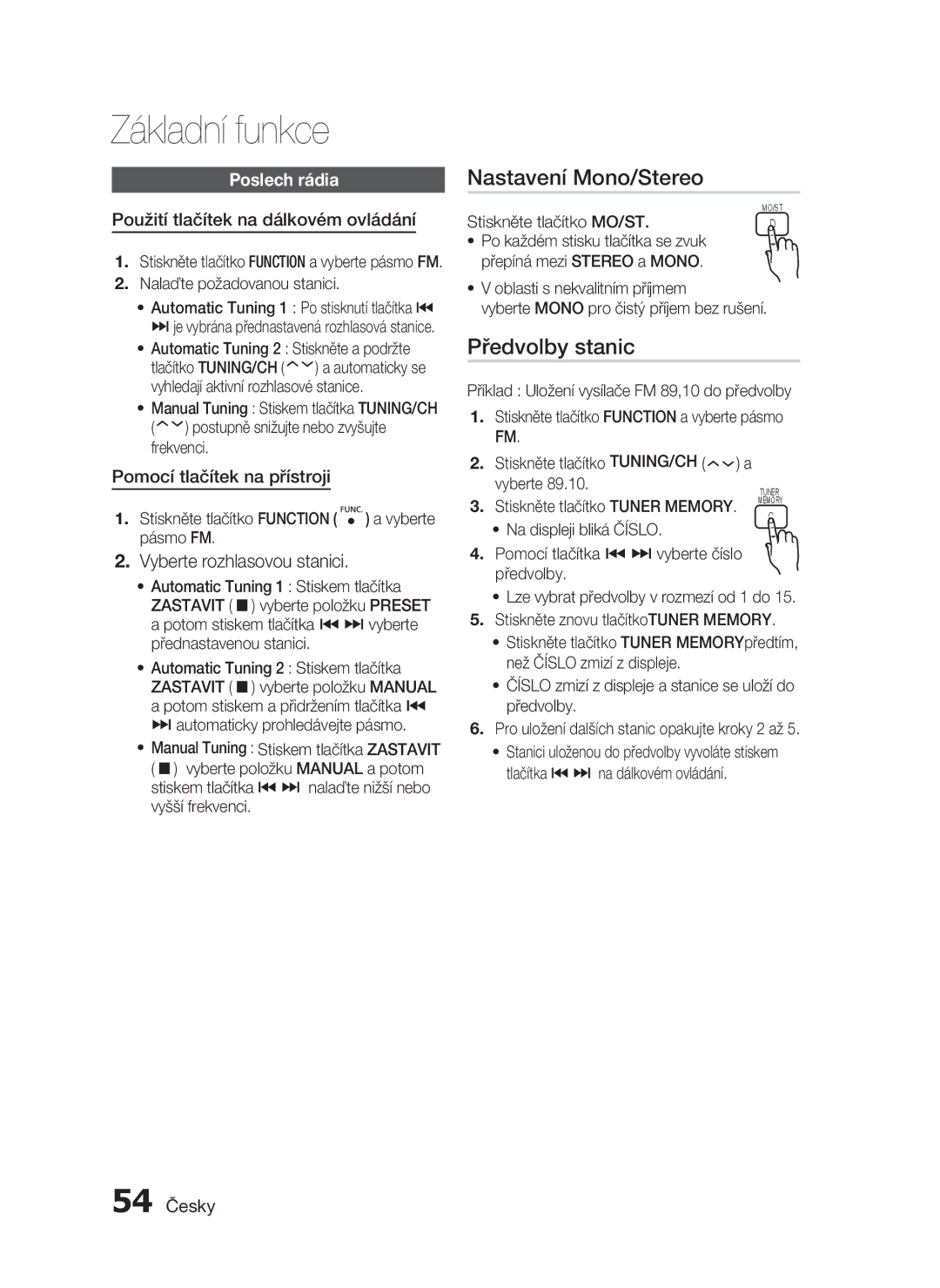 Samsung HT-C5900/EDC manual Nastavení Mono/Stereo, Předvolby stanic, Poslech rádia 