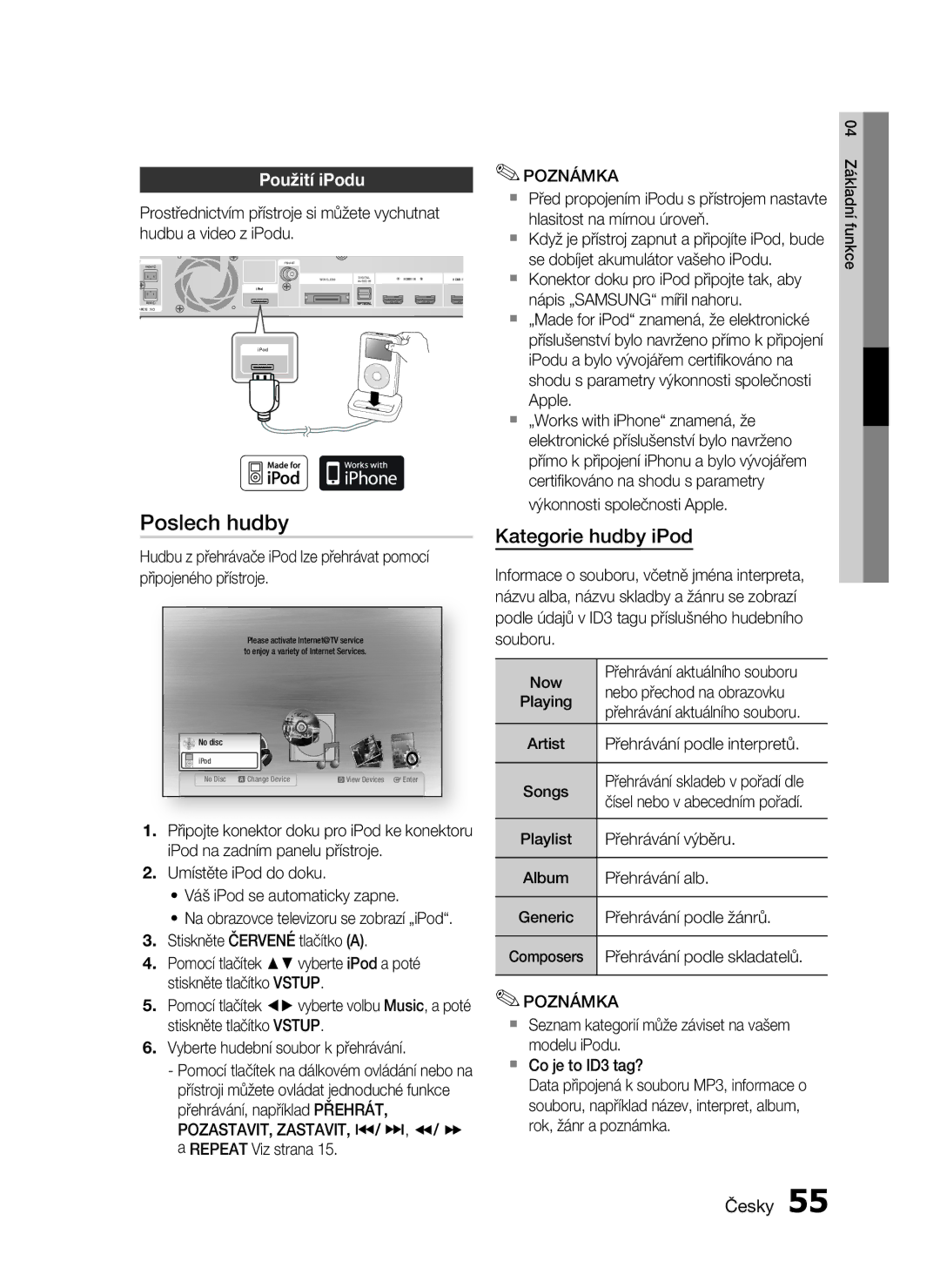 Samsung HT-C5900/EDC manual Poslech hudby, Použití iPodu, Now, Songs 