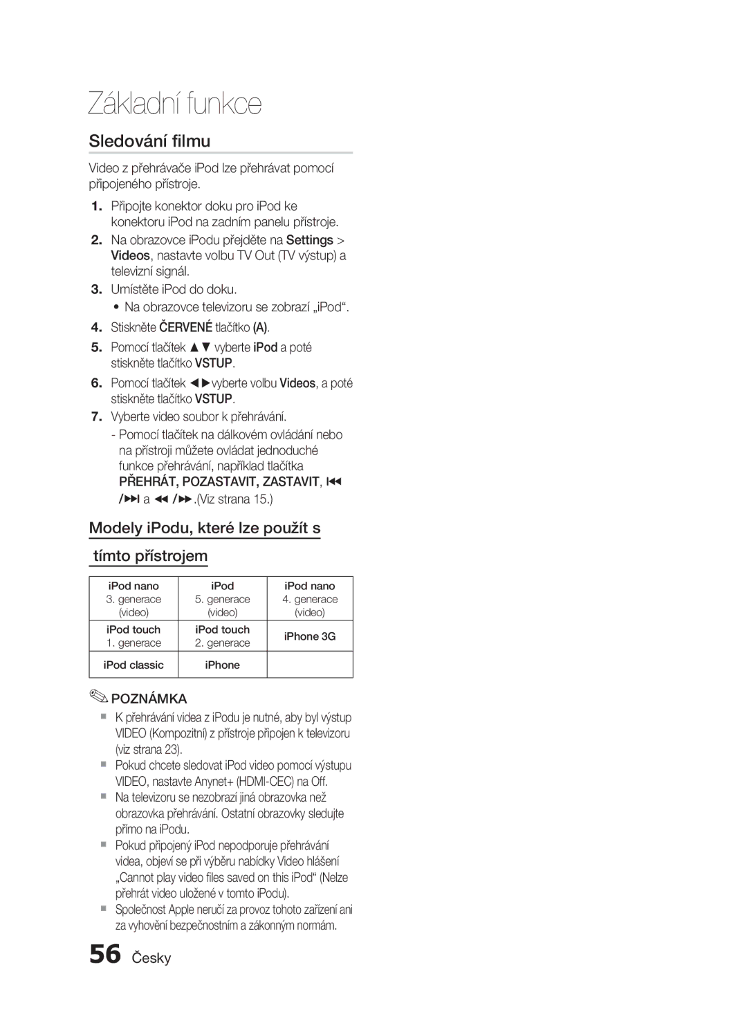 Samsung HT-C5900/EDC manual Sledování ﬁlmu, 56 Česky, Přehrát, Pozastavit, Zastavit, #, $ a  /.Viz strana 