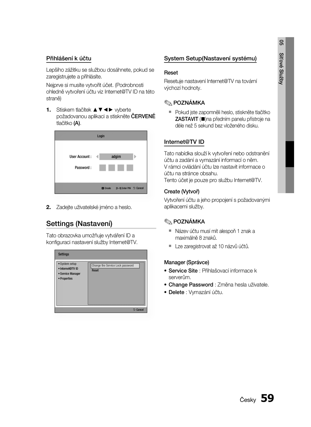 Samsung HT-C5900/EDC manual Settings Nastavení, Přihlášení k účtu, System SetupNastavení systému, Internet@TV ID 