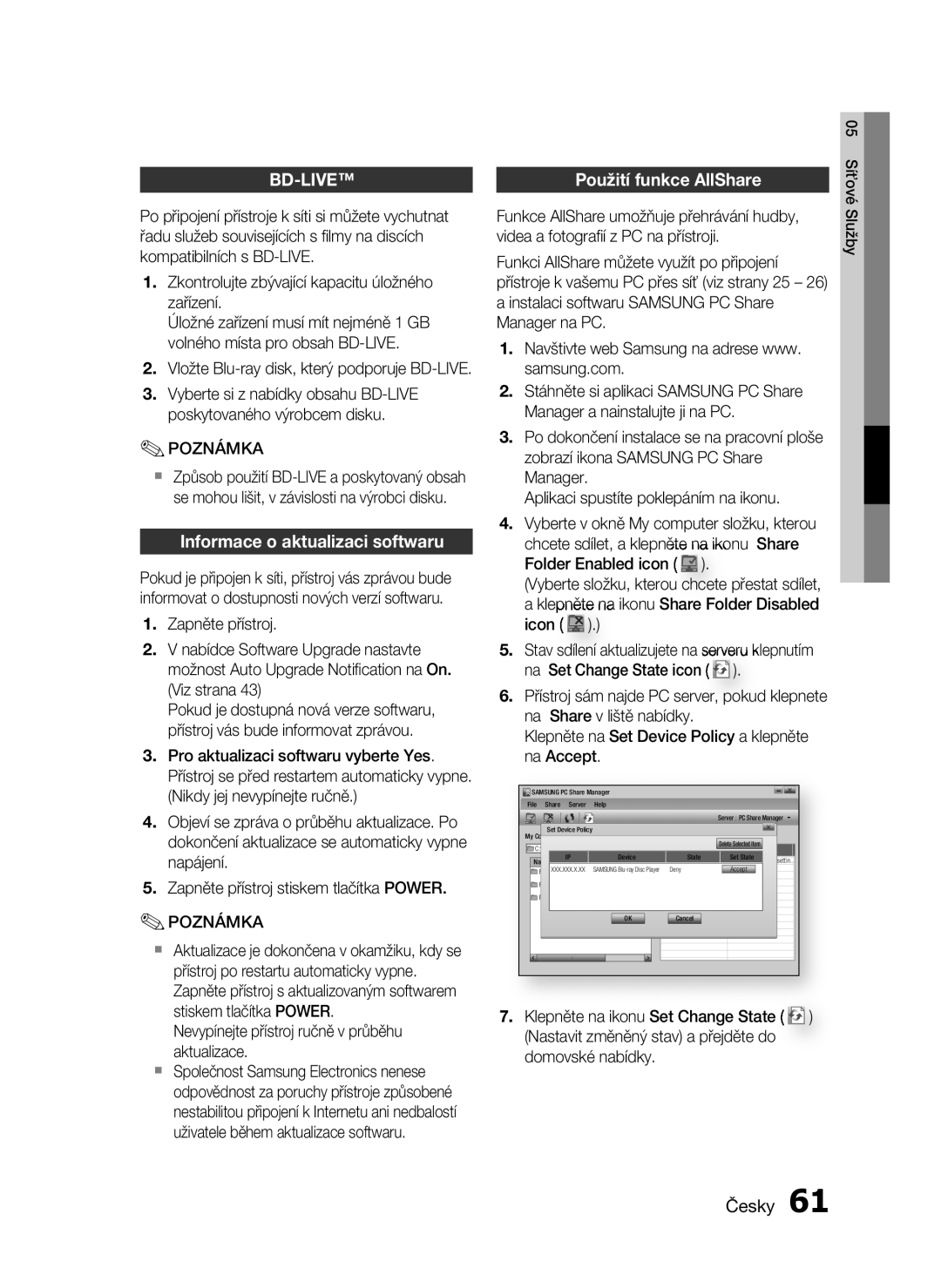 Samsung HT-C5900/EDC manual Informace o aktualizaci softwaru, Použití funkce AllShare 